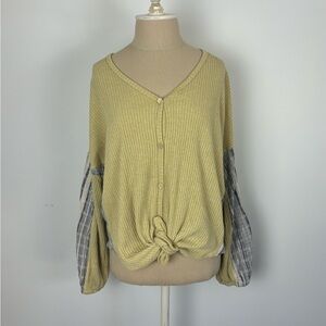 Peach Cove Button Up Sweater Yellow Plaid Front Tie Small